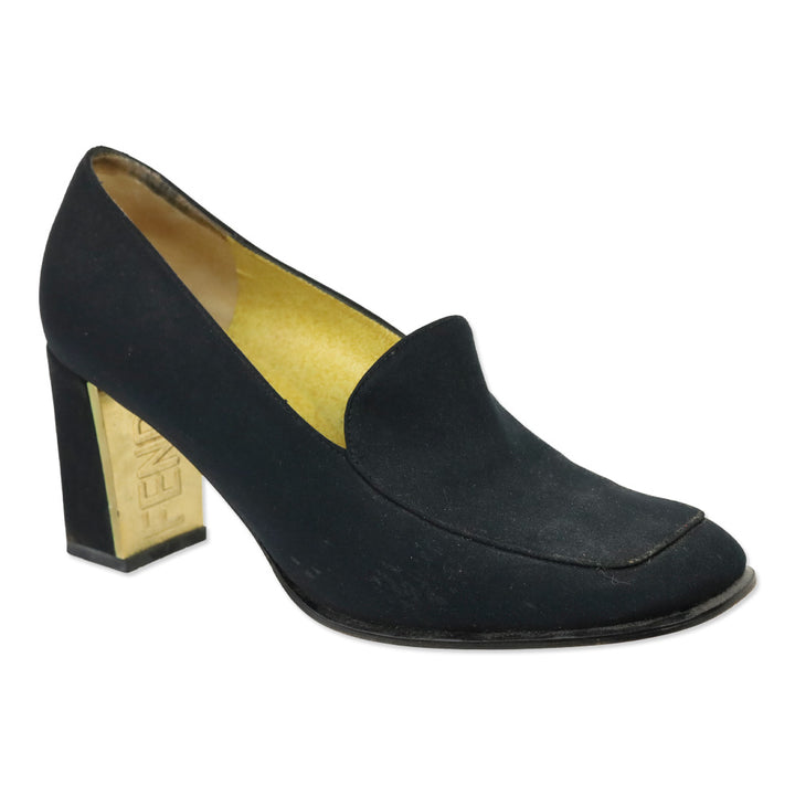 Fendi Black Fabric Block Heel Loafer Pump