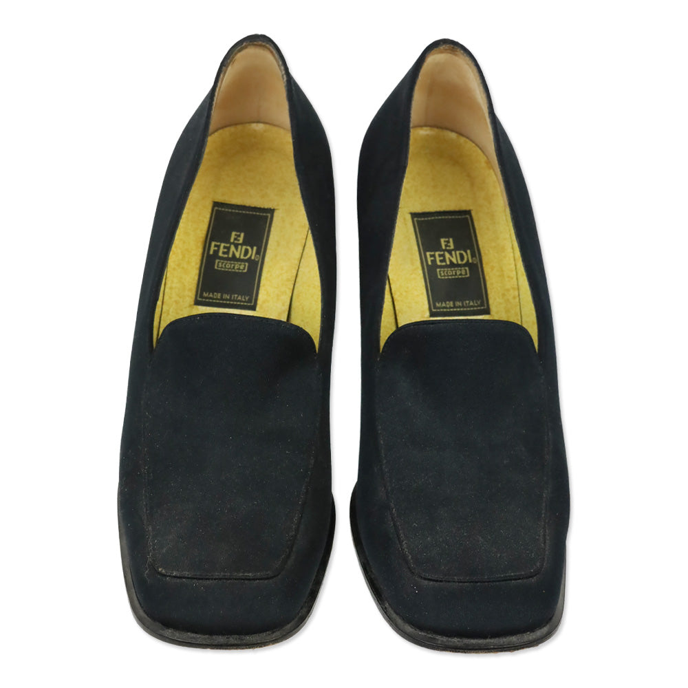 Fendi Black Fabric Block Heel Loafer Pump