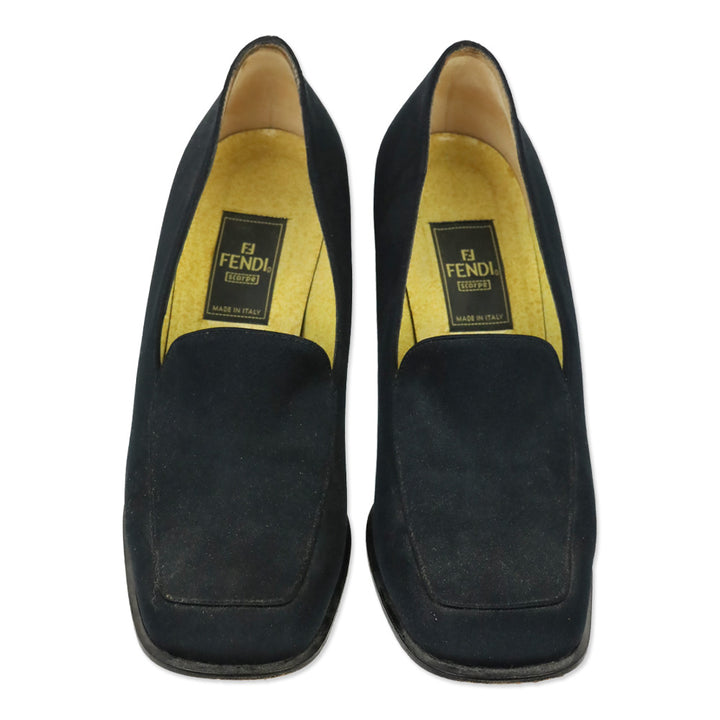 Fendi Black Fabric Block Heel Loafer Pump