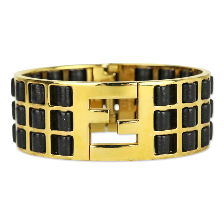 Fendi Black Leather FF Fendista Braided Cuff Bracelet