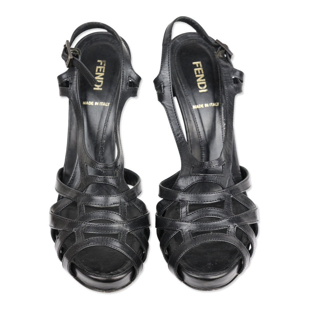 Fendi Black Leather Grecian Strappy Sandals