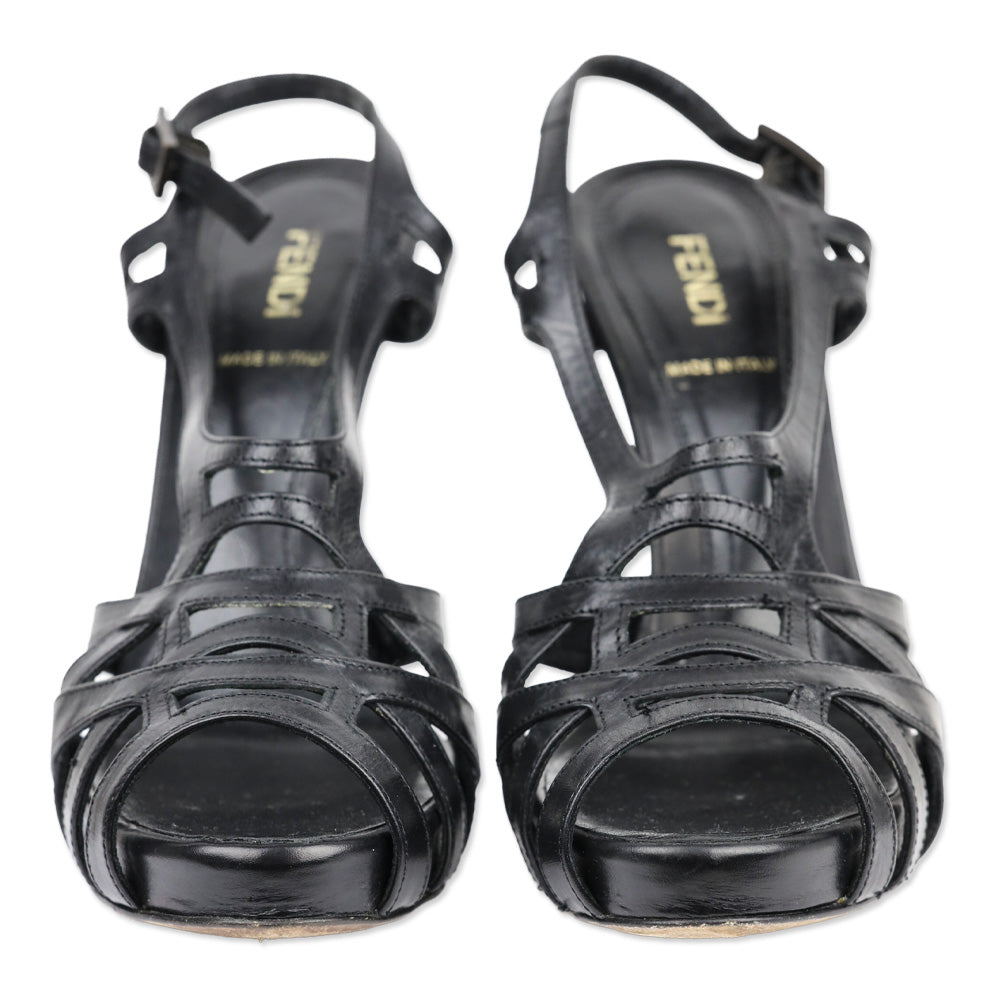 Fendi Black Leather Grecian Strappy Sandals