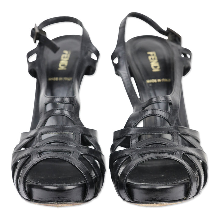 Fendi Black Leather Grecian Strappy Sandals