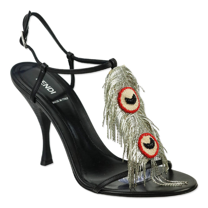 Fendi Black Leather Peacock Feather Chain T-Strap Sandal