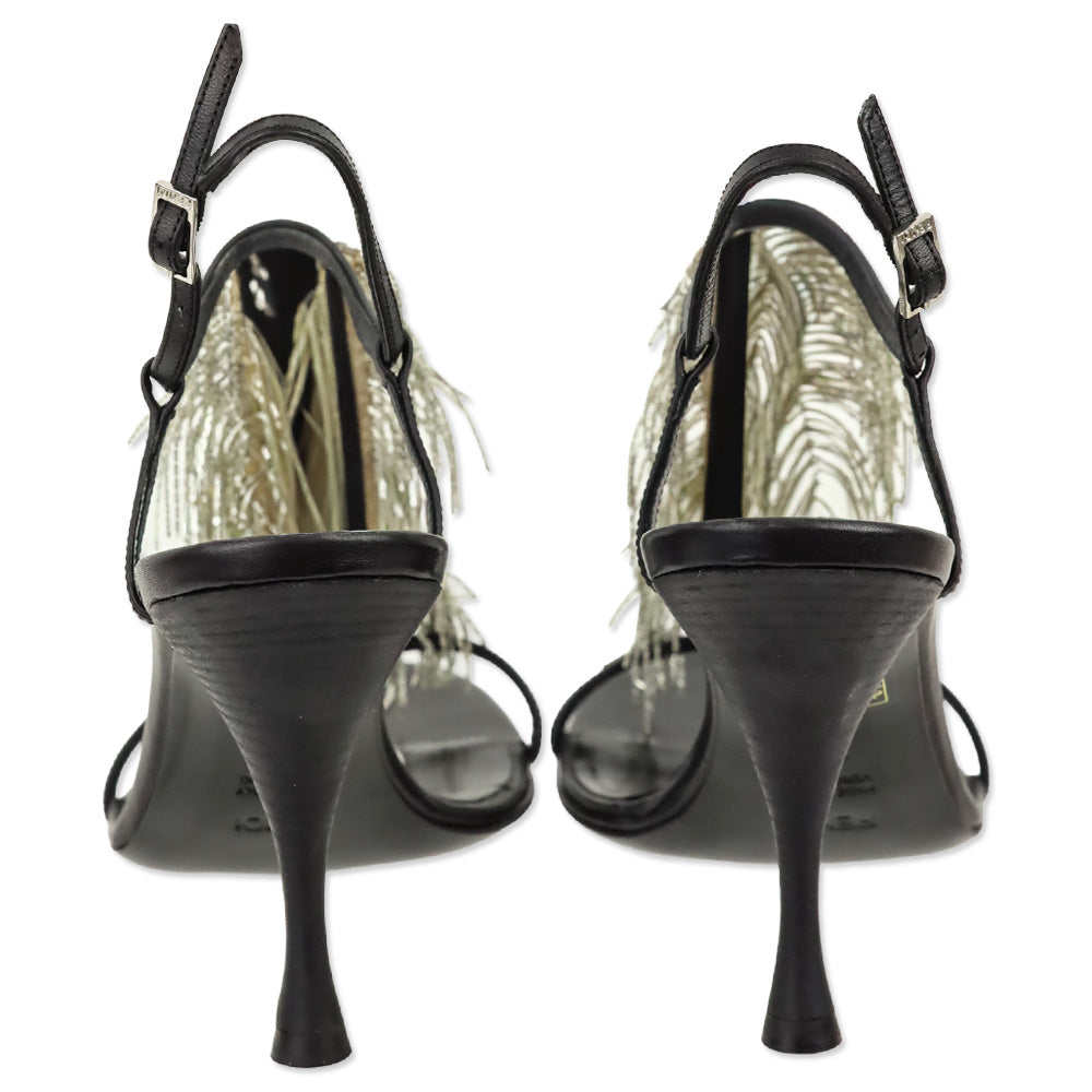 Fendi Black Leather Peacock Feather Chain T-Strap Sandal