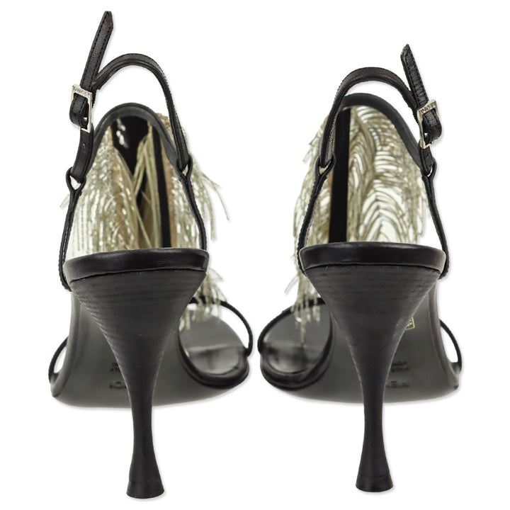 Fendi Black Leather Peacock Feather Chain T-Strap Sandal
