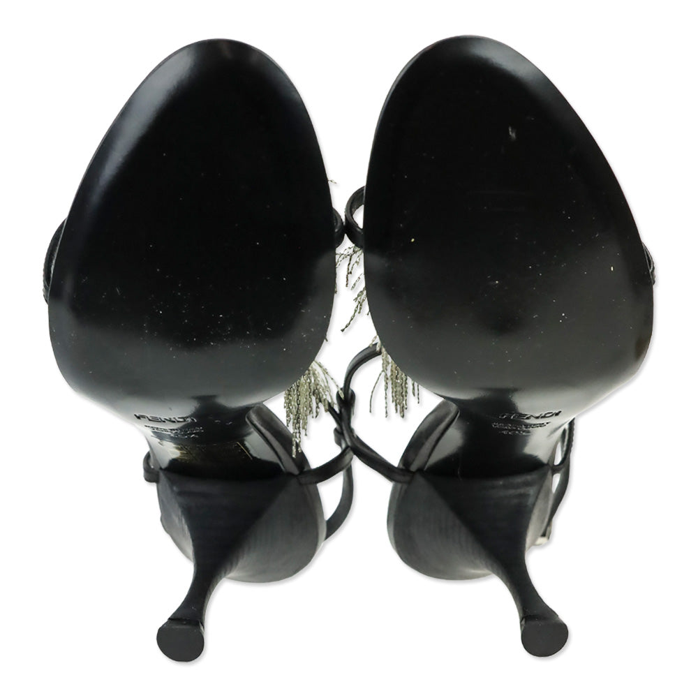 Fendi Black Leather Peacock Feather Chain T-Strap Sandal