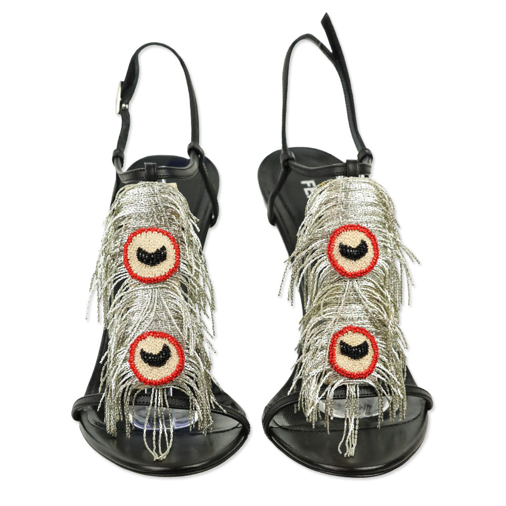 Fendi Black Leather Peacock Feather Chain T-Strap Sandal