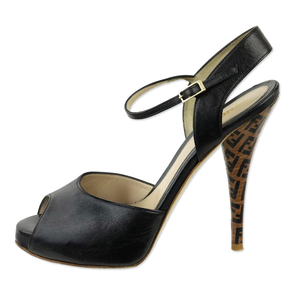 Fendi Black Leather Zucca Heel Ankle-Strap Sandals