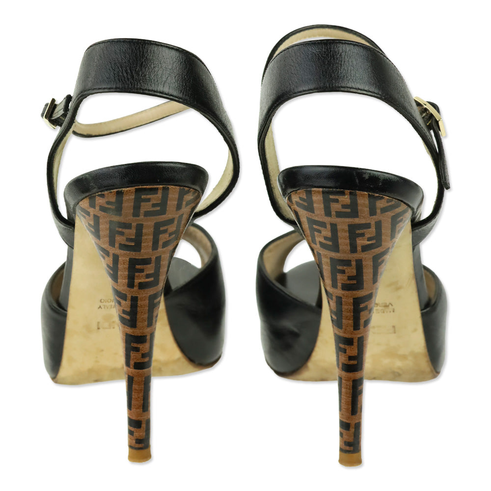 Fendi Black Leather Zucca Heel Ankle-Strap Sandals