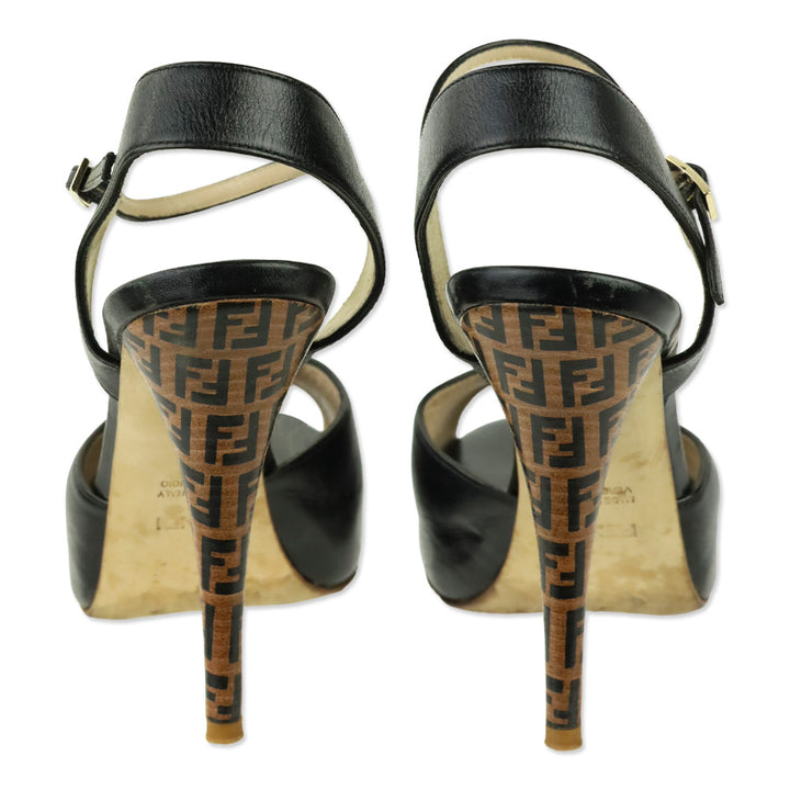Fendi Black Leather Zucca Heel Ankle-Strap Sandals