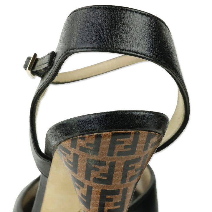 Fendi Black Leather Zucca Heel Ankle-Strap Sandals