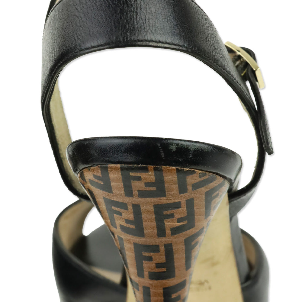 Fendi Black Leather Zucca Heel Ankle-Strap Sandals