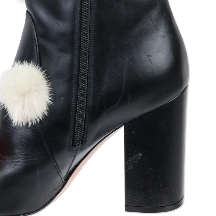 Fendi Black Leather & Multicolor Mink Fur Pom Pom Ankle Booties