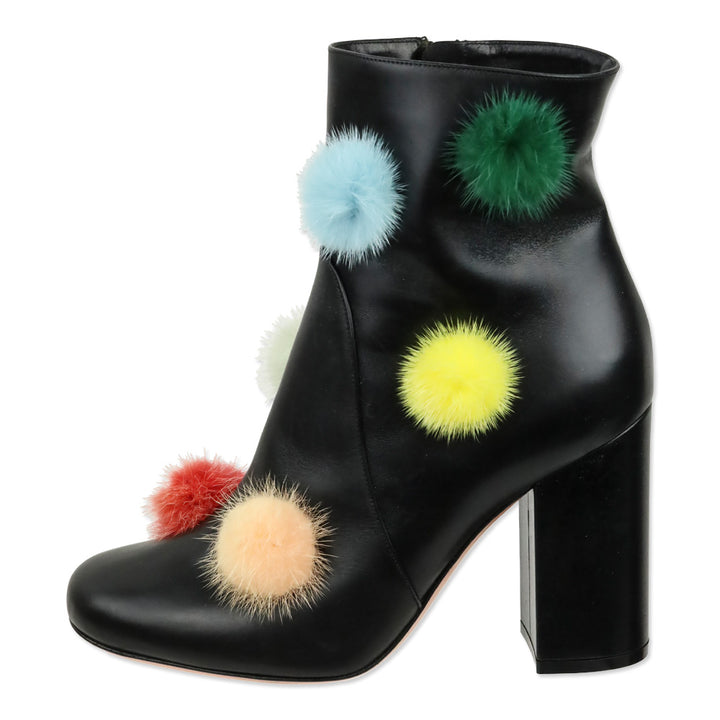 Fendi Black Leather & Multicolor Mink Fur Pom Pom Ankle Booties