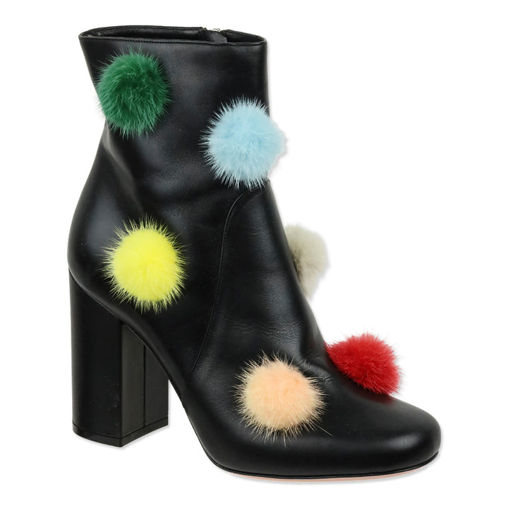 Fendi Black Leather & Multicolor Mink Fur Pom Pom Ankle Booties