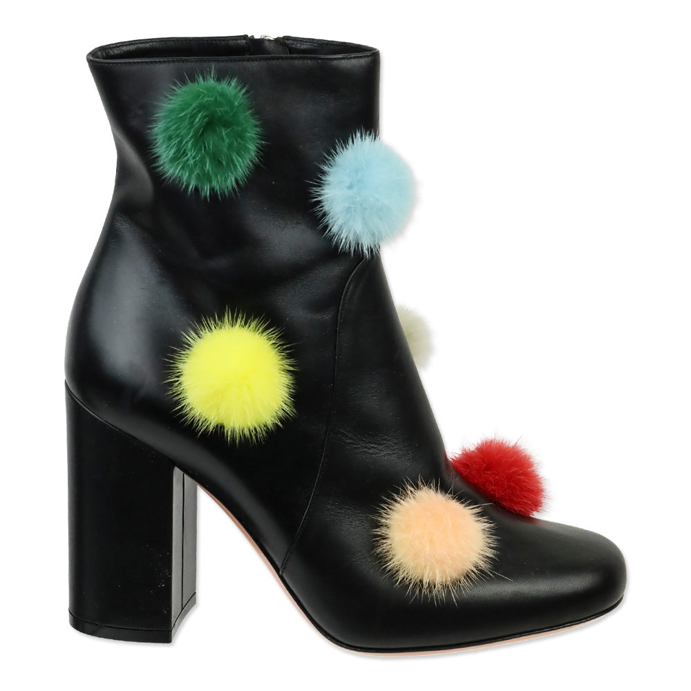 Fendi Black Leather & Multicolor Mink Fur Pom Pom Ankle Booties