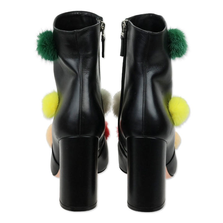Fendi Black Leather & Multicolor Mink Fur Pom Pom Ankle Booties