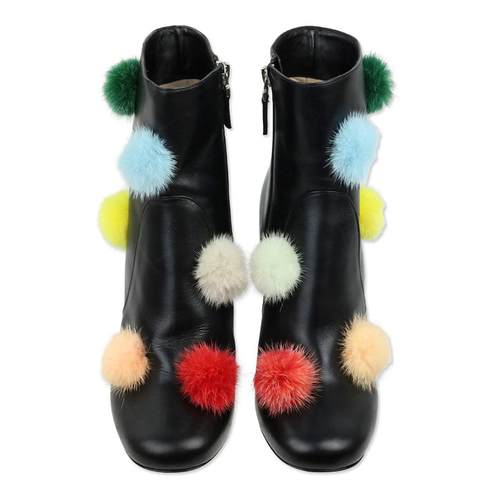 Fendi Black Leather & Multicolor Mink Fur Pom Pom Ankle Booties