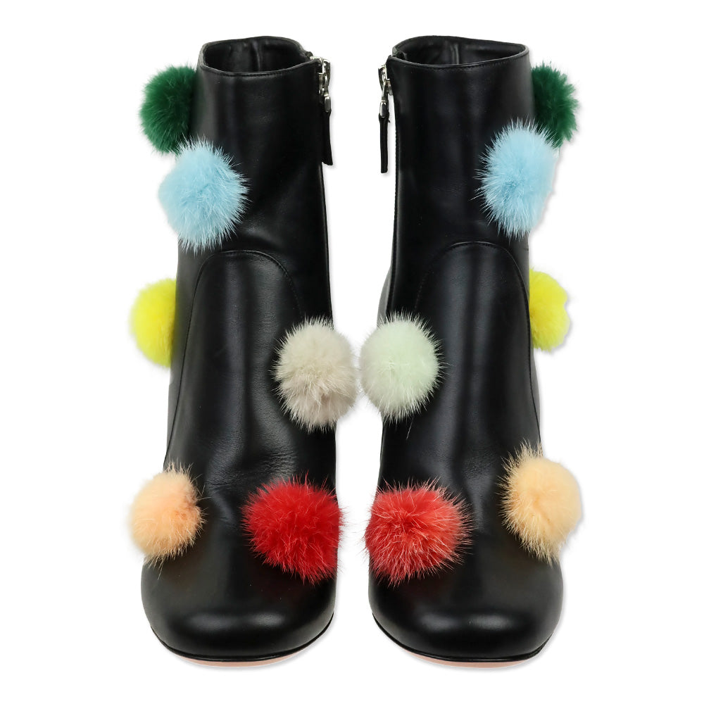 Fendi Black Leather & Multicolor Mink Fur Pom Pom Ankle Booties