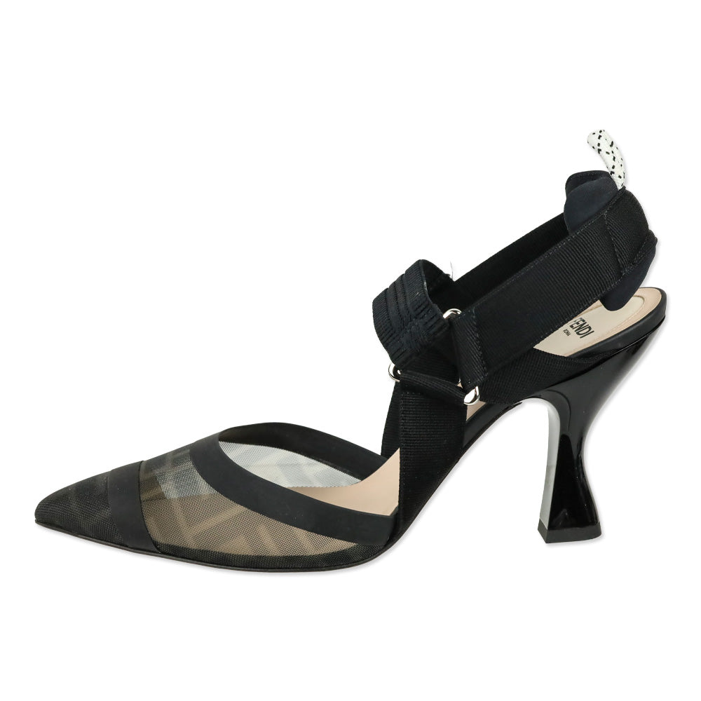 Fendi Black Leather and Mesh Colibrì Slingback Pumps