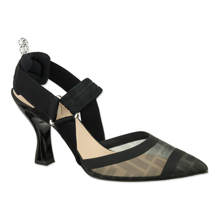 Fendi Black Leather and Mesh Colibrì Slingback Pumps