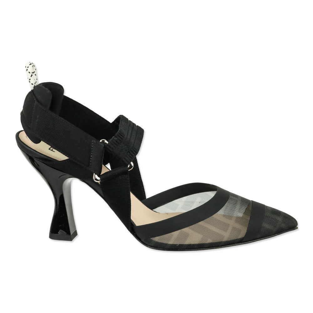 Fendi Black Leather and Mesh Colibrì Slingback Pumps