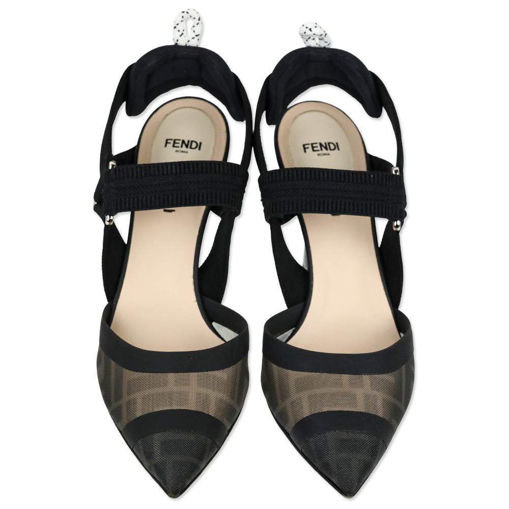 Fendi Black Leather and Mesh Colibrì Slingback Pumps