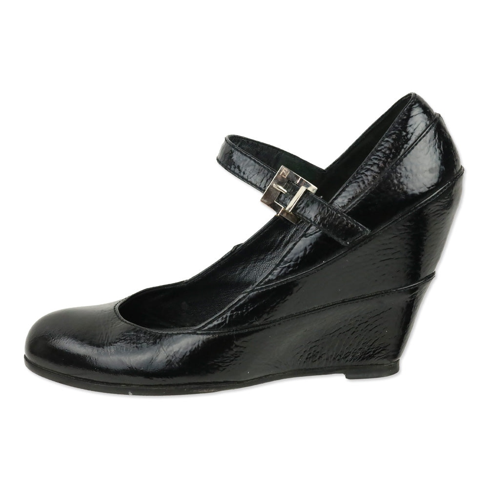 Fendi Black Pebbled Patent Leather Mary Jane Wedge Pump