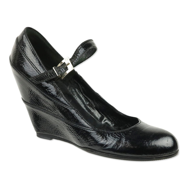 Fendi Black Pebbled Patent Leather Mary Jane Wedge Pump