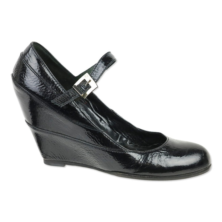 Fendi Black Pebbled Patent Leather Mary Jane Wedge Pump