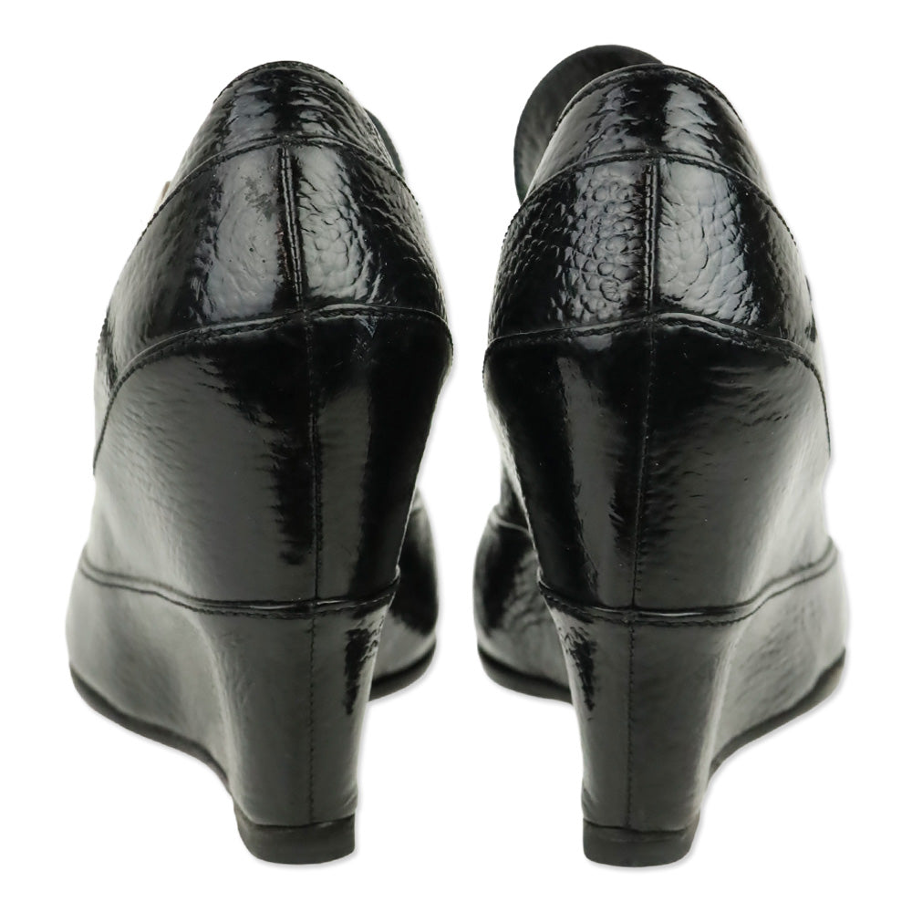 Fendi Black Pebbled Patent Leather Mary Jane Wedge Pump