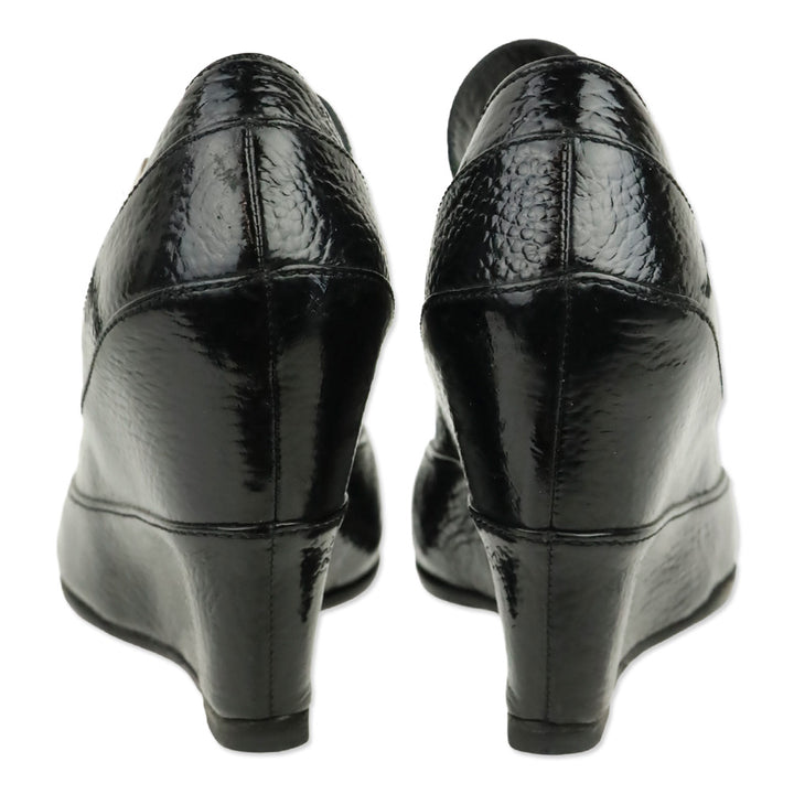 Fendi Black Pebbled Patent Leather Mary Jane Wedge Pump