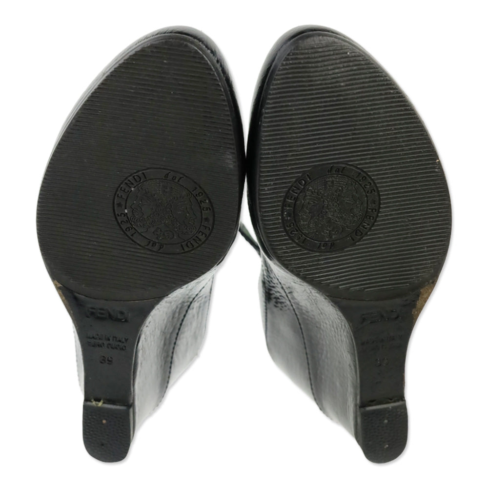 Fendi Black Pebbled Patent Leather Mary Jane Wedge Pump