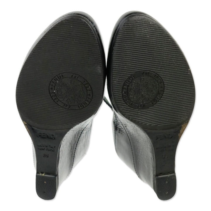 Fendi Black Pebbled Patent Leather Mary Jane Wedge Pump