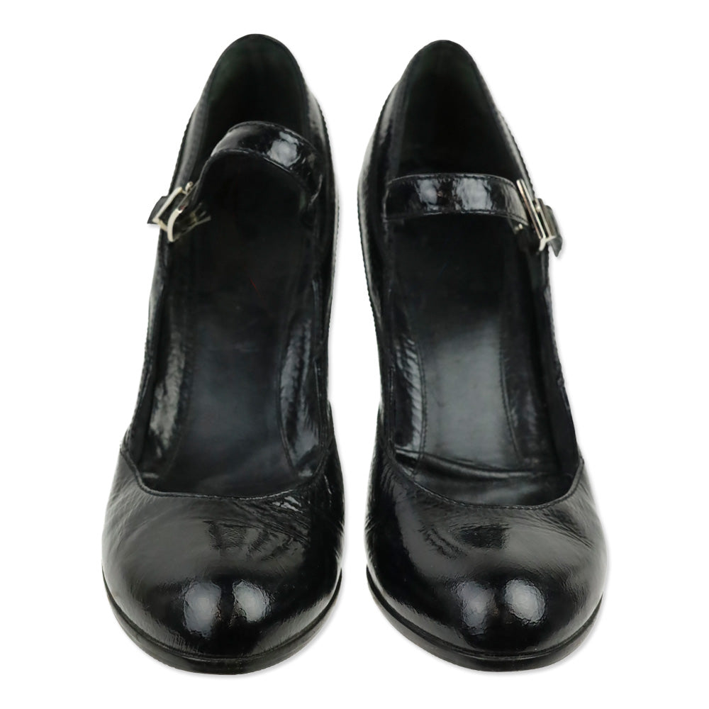Fendi Black Pebbled Patent Leather Mary Jane Wedge Pump
