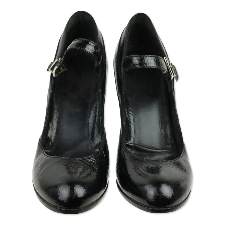 Fendi Black Pebbled Patent Leather Mary Jane Wedge Pump