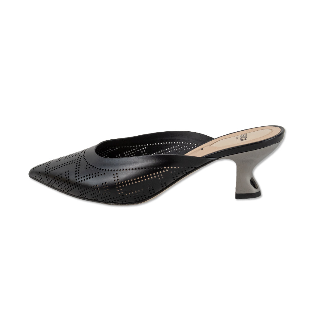 Fendi Black Perforated Logo Leather Mules