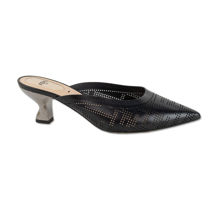 Fendi Black Perforated Logo Leather Mules