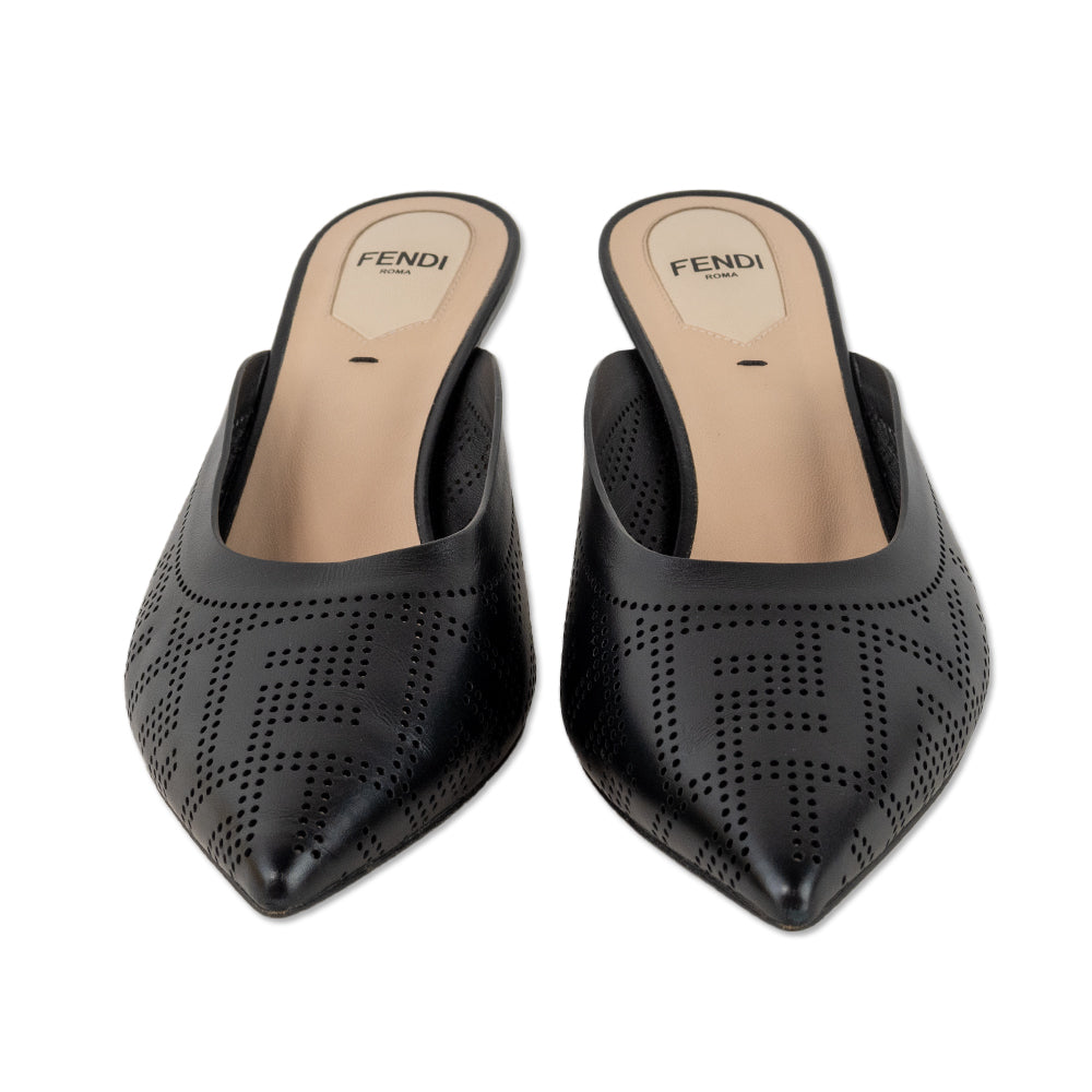 Fendi Black Perforated Logo Leather Mules