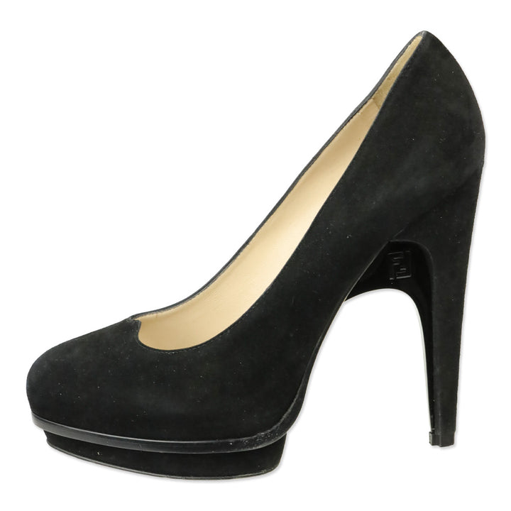 Fendi Black Suede Heart Decollete Bridge Heel Platform Pumps