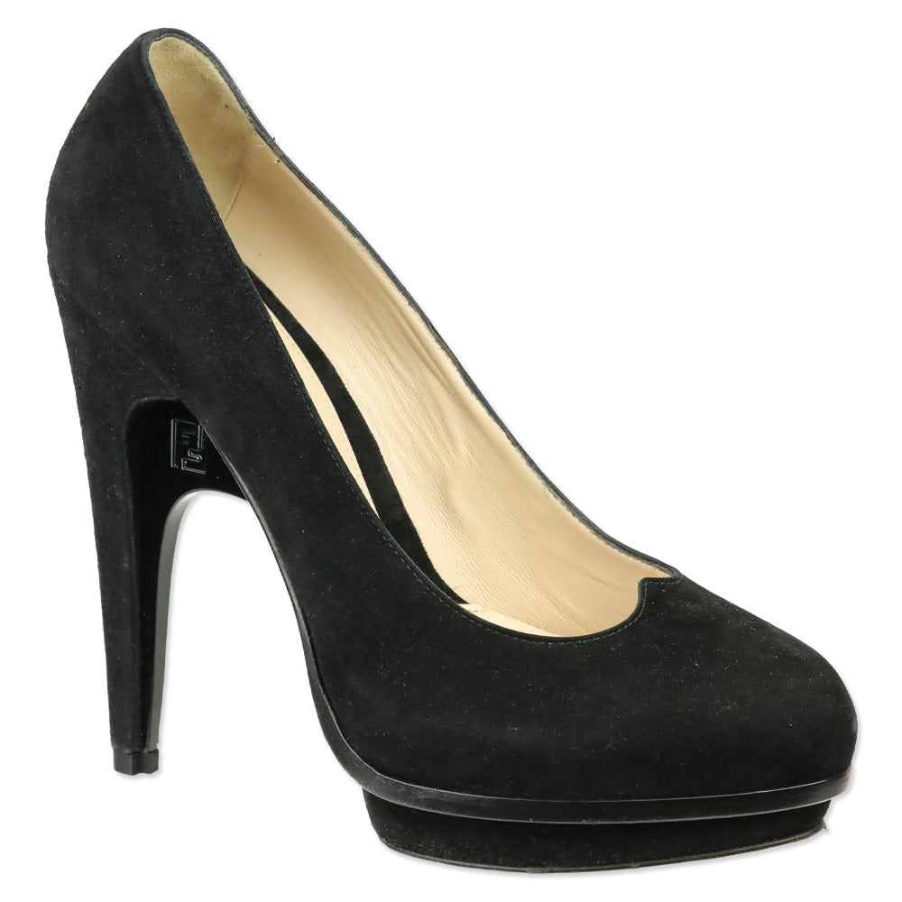 Fendi Black Suede Heart Decollete Bridge Heel Platform Pumps