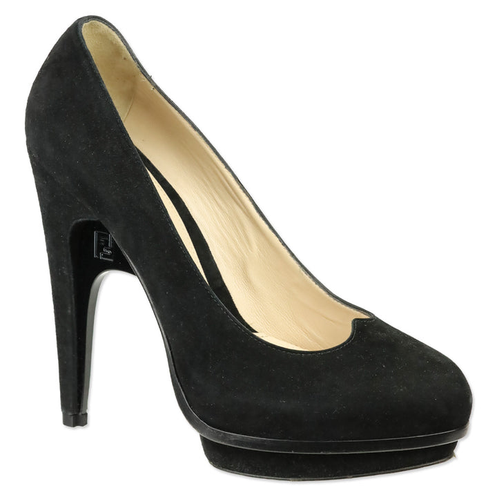 Fendi Black Suede Heart Decollete Bridge Heel Platform Pumps