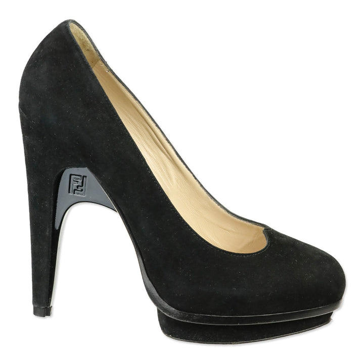 Fendi Black Suede Heart Decollete Bridge Heel Platform Pumps