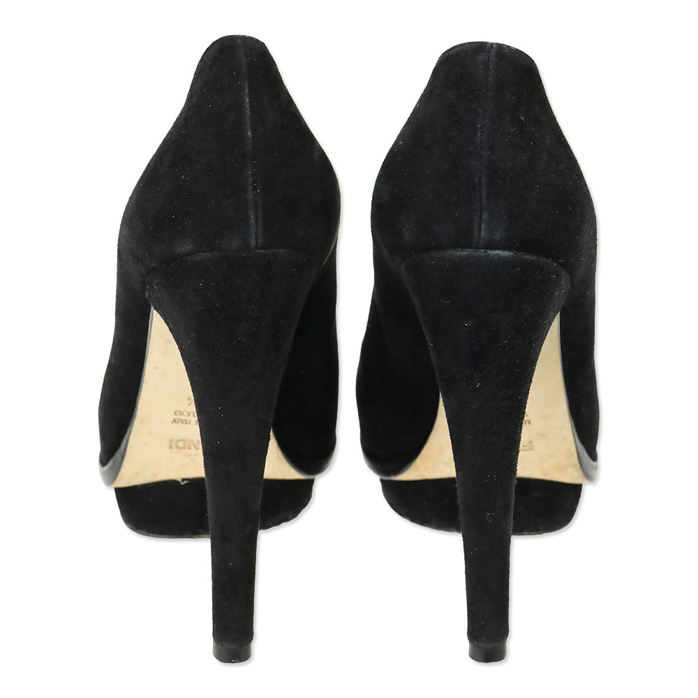 Fendi Black Suede Heart Decollete Bridge Heel Platform Pumps