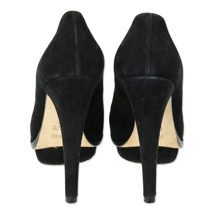 Fendi Black Suede Heart Decollete Bridge Heel Platform Pumps