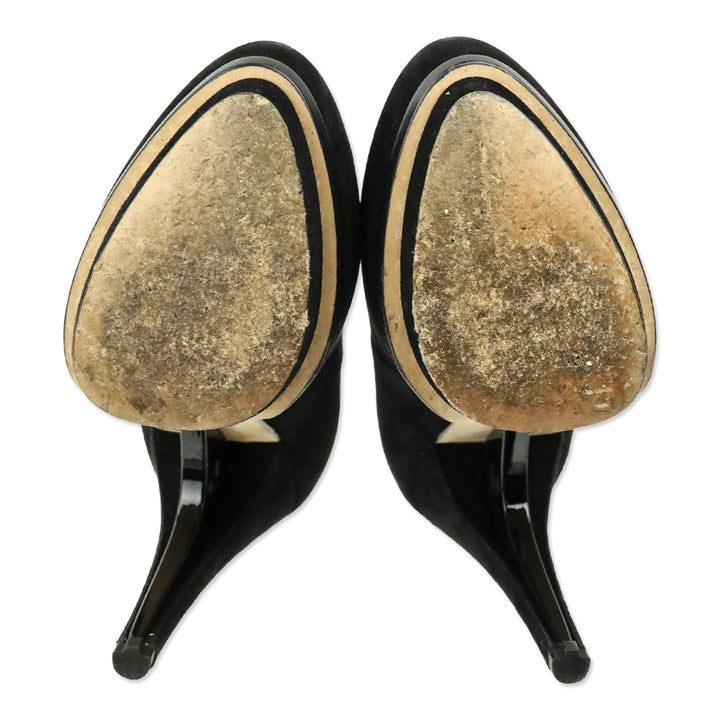 Fendi Black Suede Heart Decollete Bridge Heel Platform Pumps