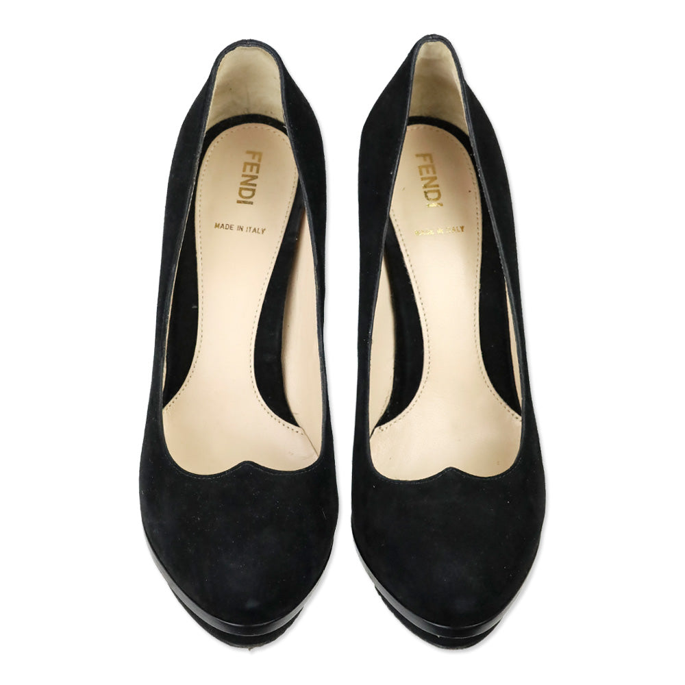 Fendi Black Suede Heart Decollete Bridge Heel Platform Pumps