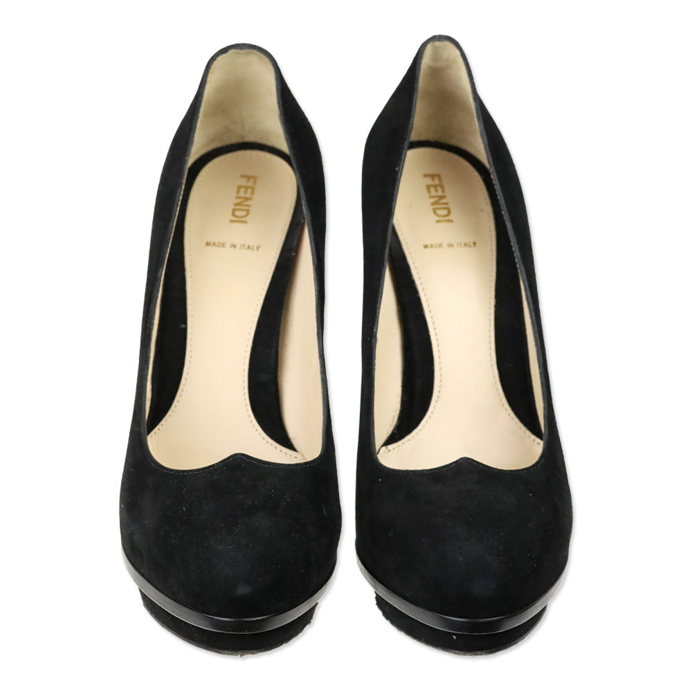 Fendi Black Suede Heart Decollete Bridge Heel Platform Pumps