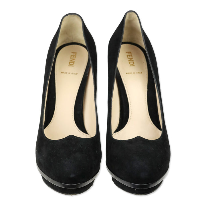 Fendi Black Suede Heart Decollete Bridge Heel Platform Pumps